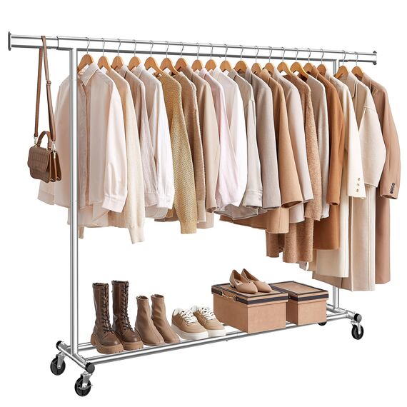 SONGMICS Kleiderständer auf Rollen, Schwerlast-Garderobenständer, ausziehbare Kleiderstange, bis 150 kg belastbar, einfache Montage, transportabel, silbern HSR175E01