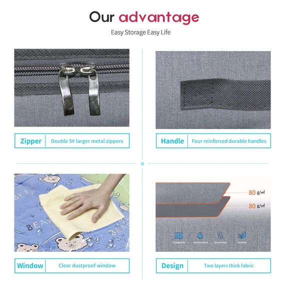 homyfort 2 Stück Premium Unterbettkommode mit Sichtfenster, Unterbett-Aufbewahrungstasche Kleideraufbewahrung, Decken Organisator Lagerbehälter, 4 Haltegriffen, 100x 50x 15 cm, Grau Leinen,