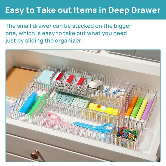Vtopmart 7Pack Schubladen Organizer mit Geriffelt, 4 Größen Make up Ordnungssystem, Schminktisch Organizer Einsetzbar für Makeup, Küchen, Badezimmer, Büro, Schminktisch