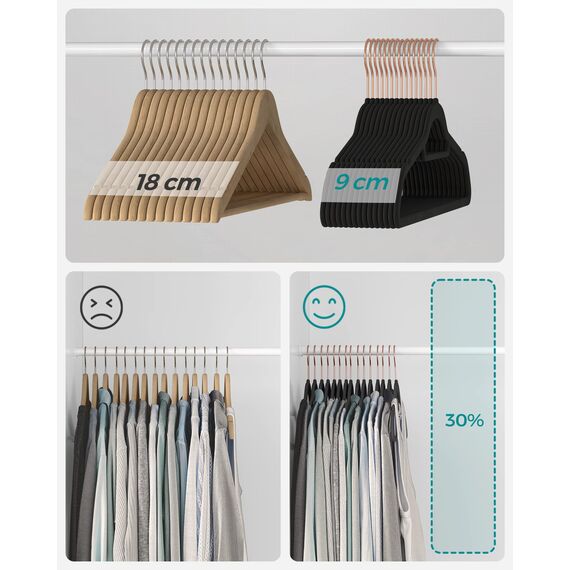 SONGMICS Kleiderbügel Samt, 30er Set, Bügel, rutschfest, kleine Stange für Krawatten, 360° drehbarer Haken, 0,6 cm dick, platzsparend, 43,5 cm lang, für Mäntel, Hosen, Roségold-Schwarz CRF21BK30