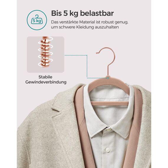 SONGMICS Kleiderbügel Samt, 50er Set, Bügel, rutschfest, kleine Stange für Krawatten, 360° drehbarer Haken, 0,6 cm dick, platzsparend, 43,5 cm lang, für Mäntel, Hosen, Roségold-Hellbraun CRF021LB50