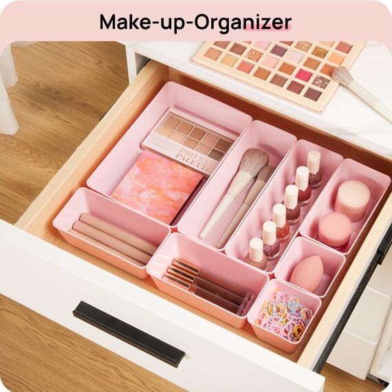 Vtopmart 25 Stücke Rosa Schubladen Organizer mit 4 Größen, Make up Ordnungssystem, Schminktisch Organizer Einsetzbar für Makeup, Küchen, Badezimmer, Büro, Schminktisch