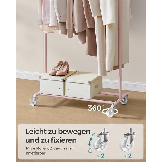 SONGMICS Kleiderständer auf Rollen, Schwerlast-Garderobenständer, ausziehbare Kleiderstange, bis 100 kg belastbar, einfache Montage, transportabel, pastellrosa HSR013R01