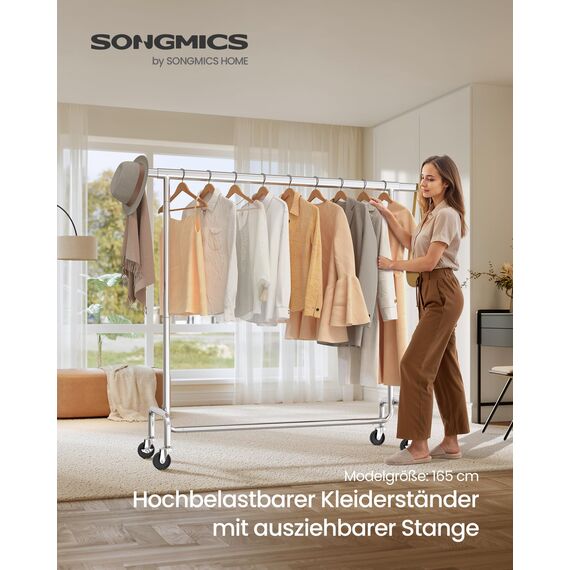 SONGMICS Kleiderständer auf Rollen, Garderobenständer, hochbelastbar, ausziehbare Kleiderstange, bis 130 kg belastbar, 45 x (110-150) x 162,9 cm, aus Metall, verchromt, silbern HSR11S
