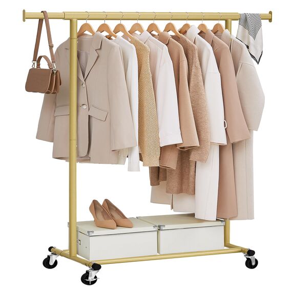 SONGMICS Kleiderständer auf Rollen, Schwerlast-Garderobenständer, ausziehbare Kleiderstange, bis 100 kg belastbar, einfache Montage, transportabel, blassgold HSR013A01
