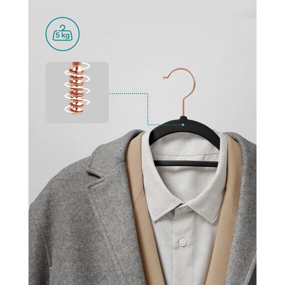 SONGMICS Kleiderbügel Samt, 30er Set, Bügel, rutschfest, kleine Stange für Krawatten, 360° drehbarer Haken, 0,6 cm dick, platzsparend, 43,5 cm lang, für Mäntel, Hosen, Roségold-Schwarz CRF21BK30