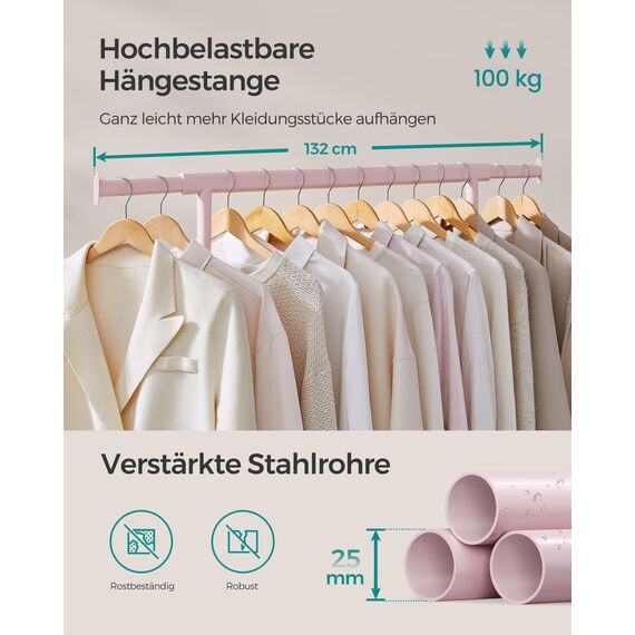 SONGMICS Kleiderständer auf Rollen, Schwerlast-Garderobenständer, ausziehbare Kleiderstange, bis 100 kg belastbar, einfache Montage, transportabel, pastellrosa HSR013R01