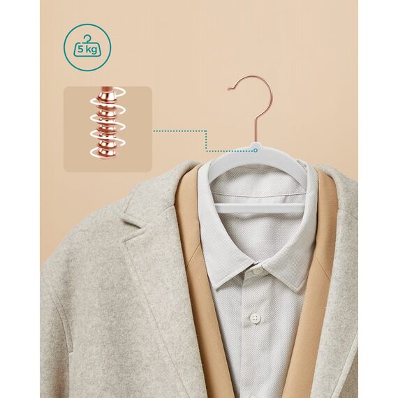 SONGMICS Kleiderbügel Samt, 50er Set, Bügel, rutschfest, kleine Stange für Krawatten, 360° drehbarer Haken, 0,6 cm dick, platzsparend, 43,5 cm lang, für Mäntel, Hosen, Roségold-Weiß CRF021W02