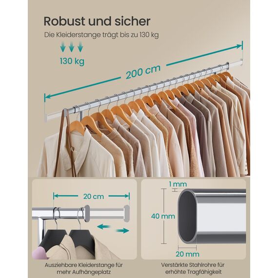 SONGMICS Kleiderständer auf Rollen, Schwerlast-Garderobenständer, ausziehbare Kleiderstange, bis 150 kg belastbar, einfache Montage, transportabel, silbern HSR175E01