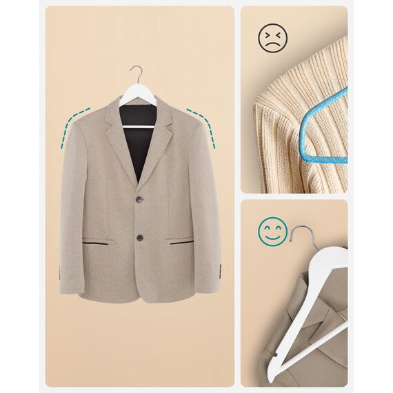 SONGMICS Kleiderbügel Holz, 20er Set, Bügel aus Massivholz, Einkerbungen im Schulterbereich, rutschfester Hosensteg, um 360° drehbarer Haken, für Anzüge, Hemden, weiß-silbern CRW03W-20