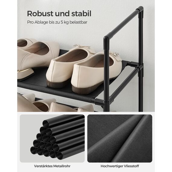 SONGMICS Schuhregal,10 Ebenen, Schuhablage, Schuhaufbewahrung, schmal, 28 x 45 x 173 cm, Metallgestell, Ablagen aus Vliesstoff, für Flur, Schlafzimmer, schwarz LSH010B02