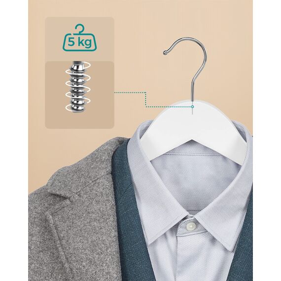 SONGMICS KleiderbÜgel Holz, 50er Set, BÜgel aus Massivholz, Einkerbungen im Schulterbereich, rutschfester Hosensteg, um 360° drehbarer Haken, fÜr AnzÜge, Hemden, weiß-silbern CRW03W-50