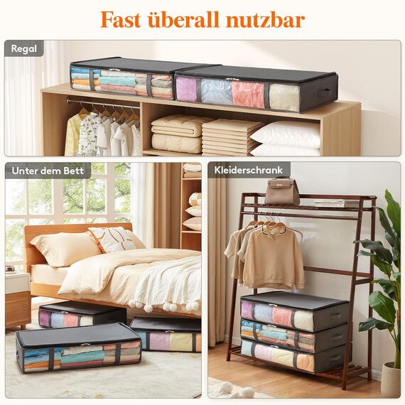 Lifewit 6 Stück 65L Unterbett Aufbewahrungsbox, Faltbare Unterbettkommode Aufbewahrungstasche Storage Boxes mit Deckel, Unterbett Aufbewahrung für Kleider Unterbett Kleiderschrank, Grau