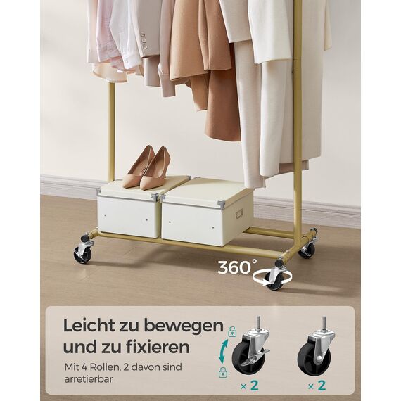 SONGMICS Kleiderständer auf Rollen, Schwerlast-Garderobenständer, ausziehbare Kleiderstange, bis 100 kg belastbar, einfache Montage, transportabel, blassgold HSR013A01