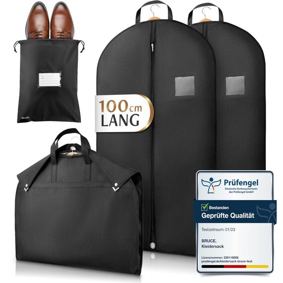 Bruce.® 2x Kleidersack Kurz 100x60cm inkl. 1x Schuhbeutel – Atmungsaktive Kleiderhülle für Anzug, Jacke & Hemd – 120 GSM Materialstärke – Anzugtasche für Reisen & Aufbewahrung - Kleidersäcke herren