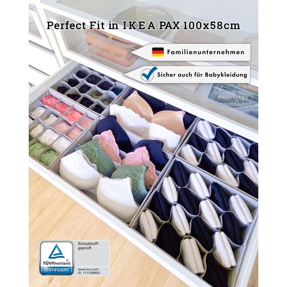 SIMPLE JOY® PAX100 Organizer für ikea Kleiderschrank; DAS ORIGINAL; passgenau; Stabiler Boden; Schubladen Ordnungssystem für Socken, BHs, Unterwäsche, Krawatten; 6er Set