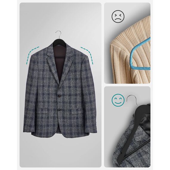 SONGMICS Kleiderbügel Holz, 80er Set, Bügel aus Massivholz, Einkerbungen im Schulterbereich, Rutschfester Hosensteg, um 360° drehbarer Haken, für Anzüge, Hemden, schwarz-silbern CRW02B-80