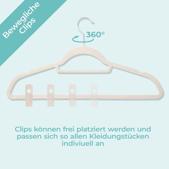 Blumtal Samt-Kleiderbügel, rutschfest, um 360° drehbar, für Mäntel, Anzüge, Hemden und Hosen, 30 Stück, Elfenbein