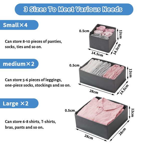 Withosent 8er Schubladen Ordnungssystem Kleiderschrank Organizer, Faltbare Kleidung Aufbewahrungsbox Stoff, Unterwäsche Organizer Schublade, Schrank Schubladentrenner für BHS, Socken, Krawatten