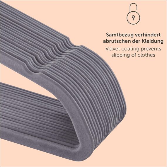 Blumtal Kleiderbügel 30 Stück - Samtbezug 360° drehbar - Platzsparend und rutschfest - Grau