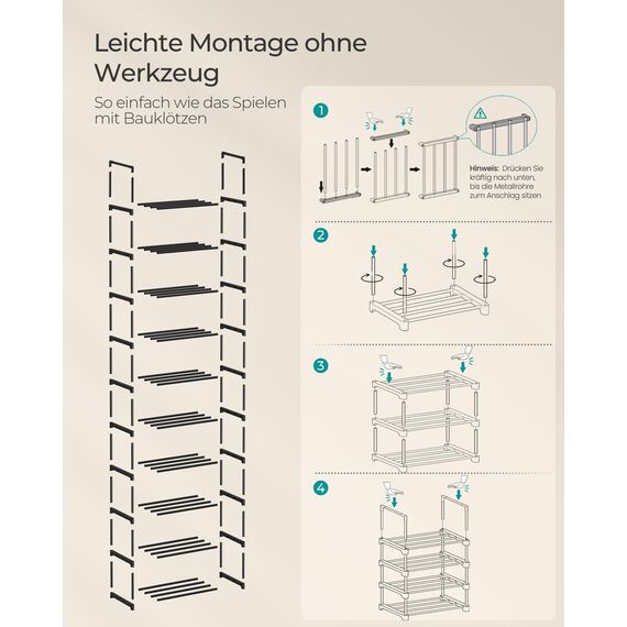 SONGMICS Schuhregal mit 10 Ebenen, offener Schuhschrank hoch, Schuhständer schmal, Schuhaufbewahrung, aus Metall, platzsparend, für Ankleidezimmer, Flur, 30 x 45 x 174 cm, schwarz LSA25BK