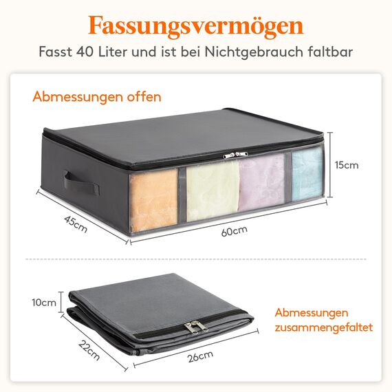 Lifewit 4 Stück 40L Unterbett Aufbewahrungsbox, Faltbare Unterbettkommode Aufbewahrungstasche Storage Boxes mit Deckel, Unterbett Aufbewahrung für Kleider Unterbett Kleiderschrank, Grau