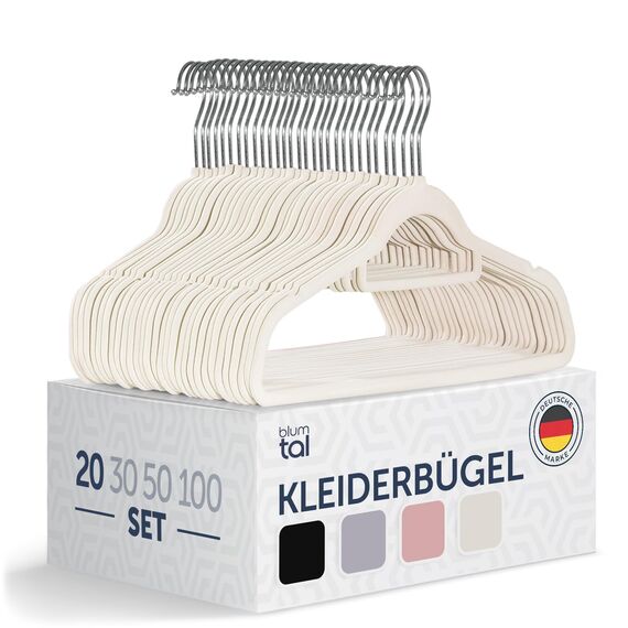 Blumtal Samt-Kleiderbügel, rutschfest, 360° drehbar, platzsparend, hochwertig, mit Krawattenklammer, elfenbeinfarben, 20 Stück