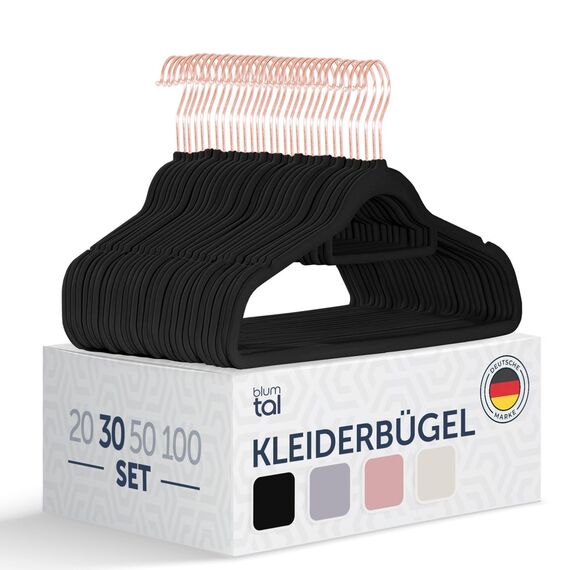 Blumtal Kleiderbügel 30 Stück - Samtbezug 360° drehbar - Platzsparend und rutschfest - Schwarz