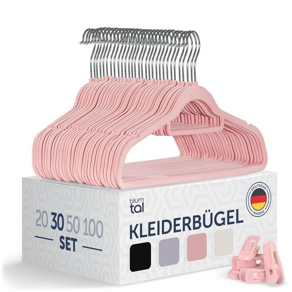 Blumtal Kleiderbügel 30 Stück - Samtbezogene, 360° drehbare und belastbare Kleiderbügel - Platzsparend und rutschfest - Rosa Farbe