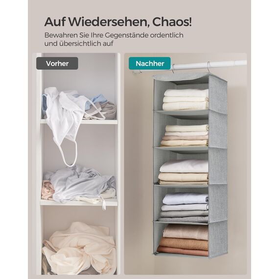 SONGMICS Hängeorganizer, Schrank-Organizer, Hängeregal, Hängeaufbewahrung, faltbar und platzsparend, Metallhaken und Bambus-Einsätze, leinenartige Textur, hellgrau RCH005W01