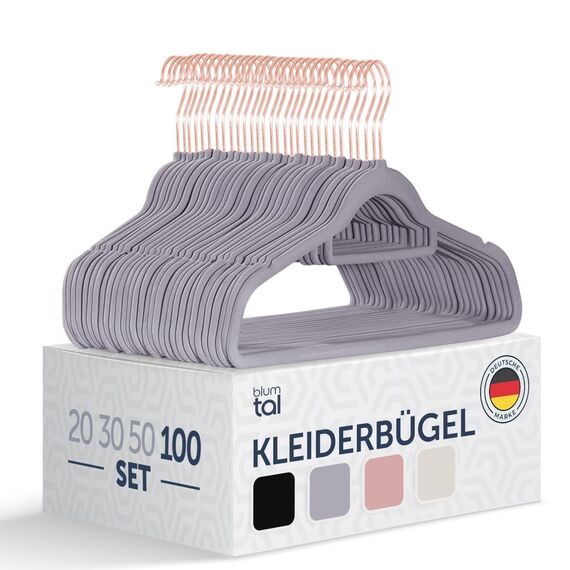 Blumtal Kleiderbügel Samt 100 Stück - Bügel Samt 360° drehbar und belastbar - Bügel Kleider platzsparend und rutschfest - Kleiderbügel Grau mit Samtbezug - Samtbügel - Hanger Samt Grau - Bügel