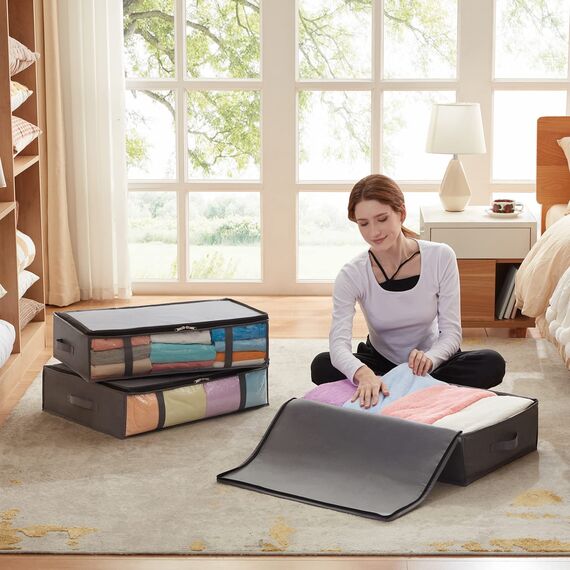 Lifewit 4 Stück 40L Unterbett Aufbewahrungsbox, Faltbare Unterbettkommode Aufbewahrungstasche Storage Boxes mit Deckel, Unterbett Aufbewahrung für Kleider Unterbett Kleiderschrank, Grau