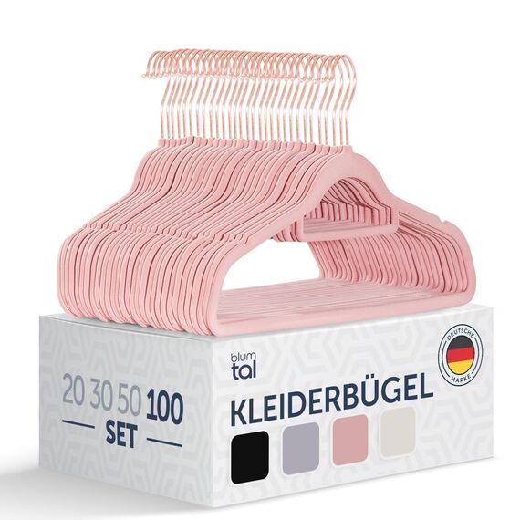 Blumtal Kleiderbügel 100 Stück - Samtbezogene, 360° drehbar und belastbar - Platzsparend und rutschfest - Rosa Farbe