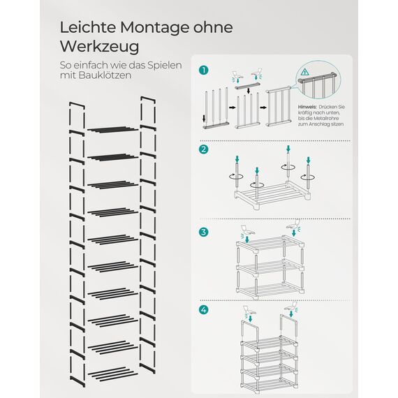 SONGMICS Schuhregal mit 10 Ebenen, offener Schuhschrank hoch, Schuhständer schmal, Schuhaufbewahrung, aus Metall, platzsparend, für Ankleidezimmer, Flur, 30 x 45 x 174 cm, schwarz LSA25BK