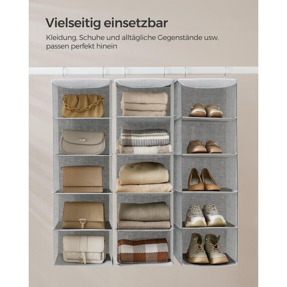SONGMICS Hängeorganizer, Schrank-Organizer, Hängeregal, Hängeaufbewahrung, faltbar und platzsparend, Metallhaken und Bambus-Einsätze, leinenartige Textur, hellgrau RCH005W01