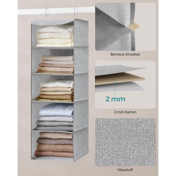 SONGMICS Hängeorganizer, 2er Set, Schrank-Organizer, Hängeregal, Hängeaufbewahrung, faltbar und platzsparend, Metallhaken und Bambus-Einsätze, leinenartige Textur, hellgrau RCH005W02