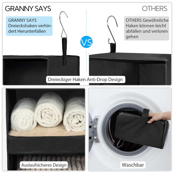 GRANNY SAYS Hängeregal Schrank mit 3 Fächern, 1 Stück Hängeaufbewahrung Kleiderschrank Organizer hängend, Schrank Hängeorganizer, Faltbare Hängeregal Stoff, Hanging Organizer Schwarz