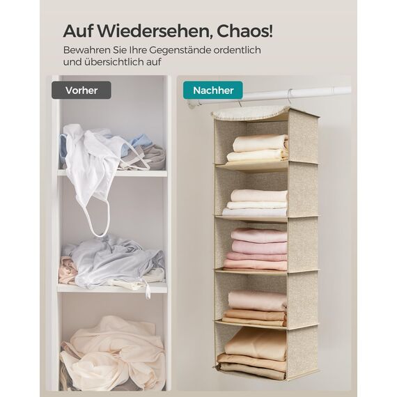 SONGMICS Hängeorganizer, 2er Set, Schrank-Organizer, Hängeregal, Hängeaufbewahrung, faltbar und platzsparend, Metallhaken und Bambus-Einsätze, leinenartige Textur, sandbeige RCH005Y02