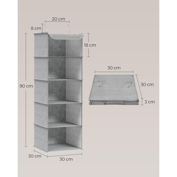 SONGMICS Hängeorganizer, Schrank-Organizer, Hängeregal, Hängeaufbewahrung, faltbar und platzsparend, Metallhaken und Bambus-Einsätze, leinenartige Textur, hellgrau RCH005W01