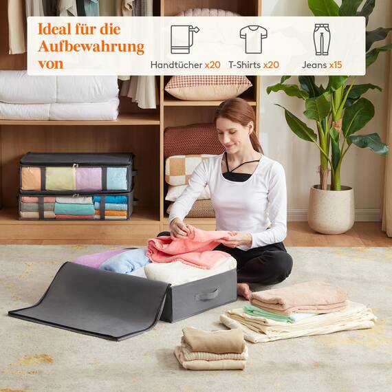 Lifewit 2 Stück 40L Unterbett Aufbewahrungsbox, Faltbare Unterbettkommode Aufbewahrungstasche Storage Boxes mit Deckel, Unterbett Aufbewahrung für Kleider Unterbett Kleiderschrank, Grau