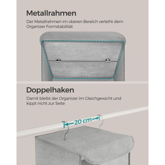 SONGMICS Hängeorganizer, Schrank-Organizer, Hängeregal, Hängeaufbewahrung, faltbar und platzsparend, Metallhaken und Bambus-Einsätze, leinenartige Textur, hellgrau RCH005W01