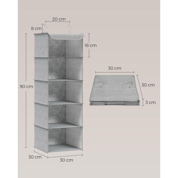 SONGMICS Hängeorganizer, 2er Set, Schrank-Organizer, Hängeregal, Hängeaufbewahrung, faltbar und platzsparend, Metallhaken und Bambus-Einsätze, leinenartige Textur, hellgrau RCH005W02