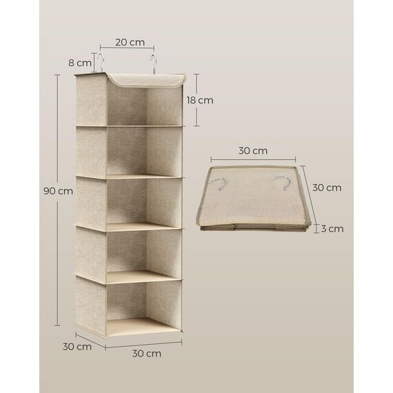 SONGMICS Hängeorganizer, 2er Set, Schrank-Organizer, Hängeregal, Hängeaufbewahrung, faltbar und platzsparend, Metallhaken und Bambus-Einsätze, leinenartige Textur, sandbeige RCH005Y02