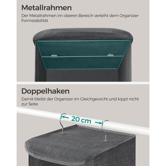 SONGMICS RCH005G02 Kleiderschrank-Hängesack, Faltbare platzsparende Hängetasche mit Metallhaken, Bambusverstärkung, Leinenmuster, Grau, 2 Stück