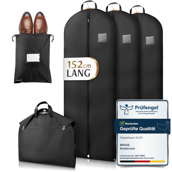 Bruce.® 3x Kleidersack Lang 152x60 cm inkl. 1x Schuhbeutel – Atmungsaktive Kleiderhülle für Mantel, Kleid & Kostüm – 120 GSM Kleiderschutzhülle für Aufbewahrung & Reise - Kleidersäcke herren