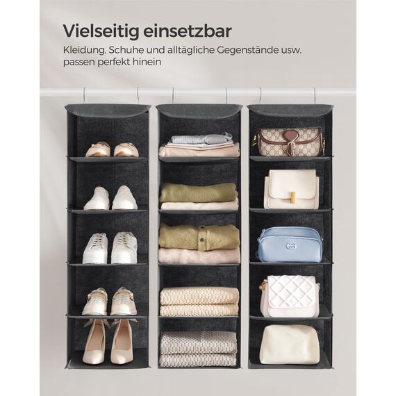 SONGMICS RCH005G02 Kleiderschrank-Hängesack, Faltbare platzsparende Hängetasche mit Metallhaken, Bambusverstärkung, Leinenmuster, Grau, 2 Stück