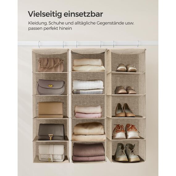 SONGMICS Hängeorganizer, 2er Set, Schrank-Organizer, Hängeregal, Hängeaufbewahrung, faltbar und platzsparend, Metallhaken und Bambus-Einsätze, leinenartige Textur, sandbeige RCH005Y02