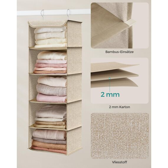 SONGMICS Hängeorganizer, 2er Set, Schrank-Organizer, Hängeregal, Hängeaufbewahrung, faltbar und platzsparend, Metallhaken und Bambus-Einsätze, leinenartige Textur, sandbeige RCH005Y02