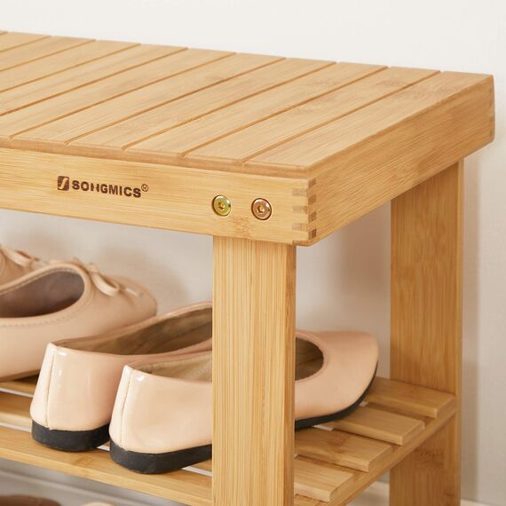 SONGMICS Schuhregal, Schuhschrank mit Sitzbank, Bambus Schuhbank mit 3 Ablagen, 70 x 28 x 45 cm ideal für Flur, Bad, Wohnzimmer, Diele, LBS04N, Naturfarben