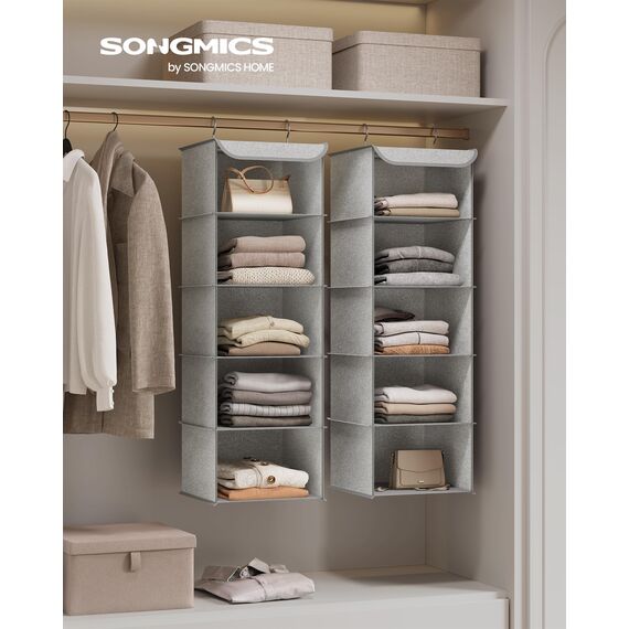SONGMICS Hängeorganizer, Schrank-Organizer, Hängeregal, Hängeaufbewahrung, faltbar und platzsparend, Metallhaken und Bambus-Einsätze, leinenartige Textur, hellgrau RCH005W01